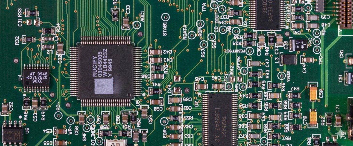 A close-up image of a circuit board showing microchips and various types of capacitors